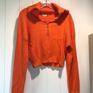 Cotton:On crop stretchy tangerine ribbed sweater 3/4 zip foldover collar L